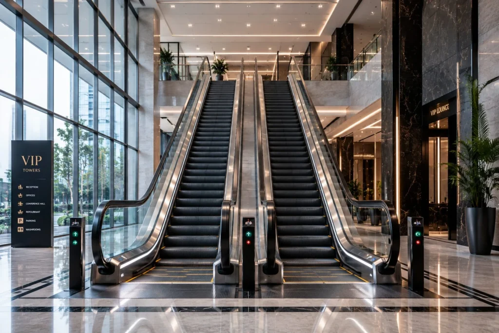 Twin escalator installation in an office tower lobby by PK Elevator